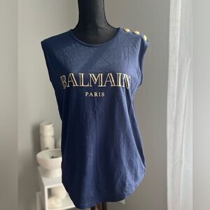 BALMAIN Printed Crewneck Tank Top Button Shoulder Blue Women's 38 US 6/M